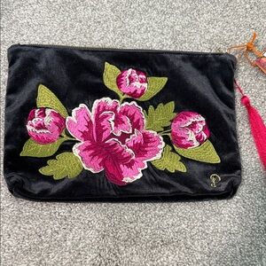 Floral Embroidered Black Clutch